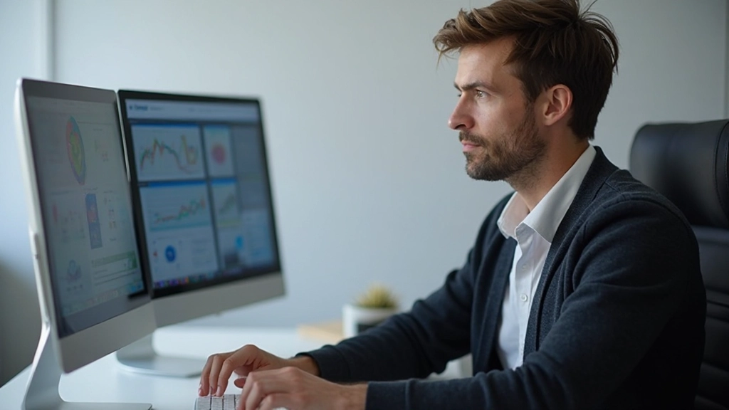 Professional analyzing data and charts on computer screen in analytical workspace