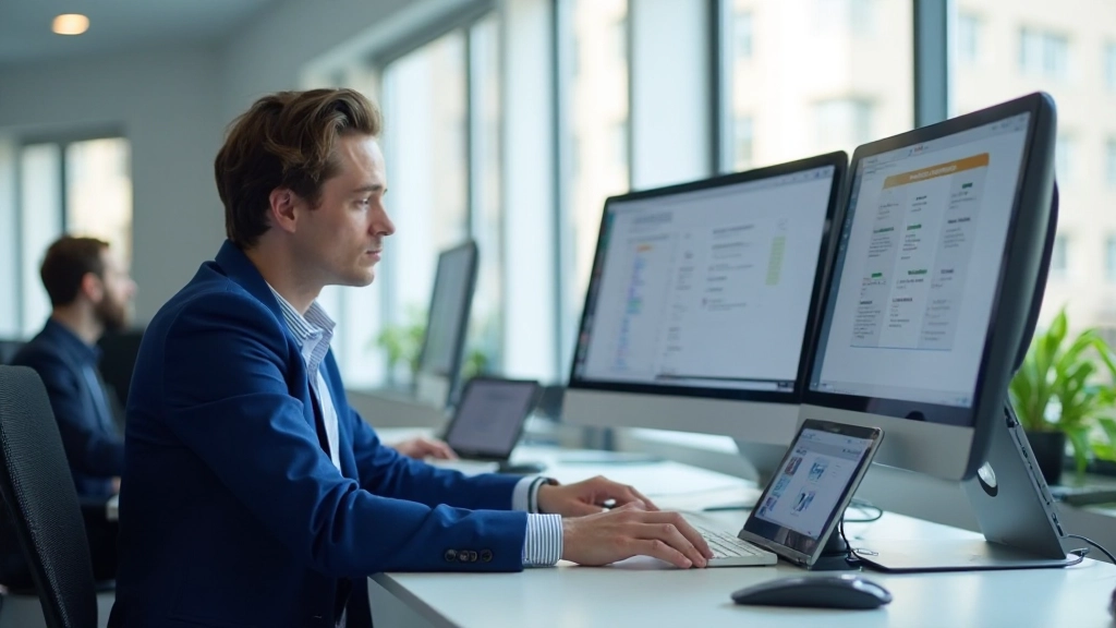 Professionell arbetsplats med moderna digitala verktyg och datorskärmar