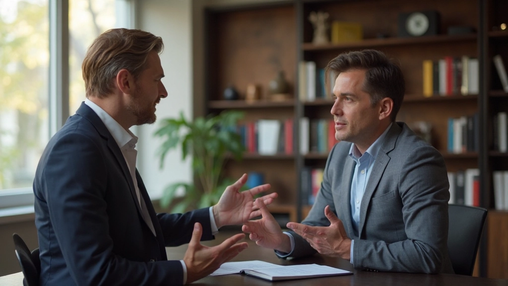 Två professionella som diskuterar mentorskap och karriärutveckling i modernt kontor med böcker