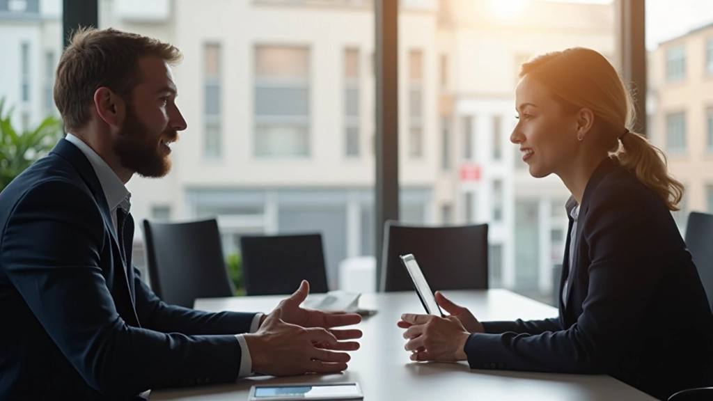 Två professionella personer diskuterar vid ett möte i ett modernt konferensrum