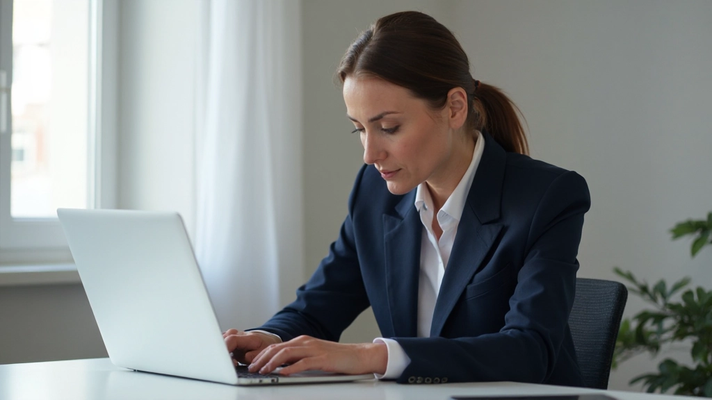 Professionell affärskvinna arbetar fokuserat på bärbar dator på modernt kontor