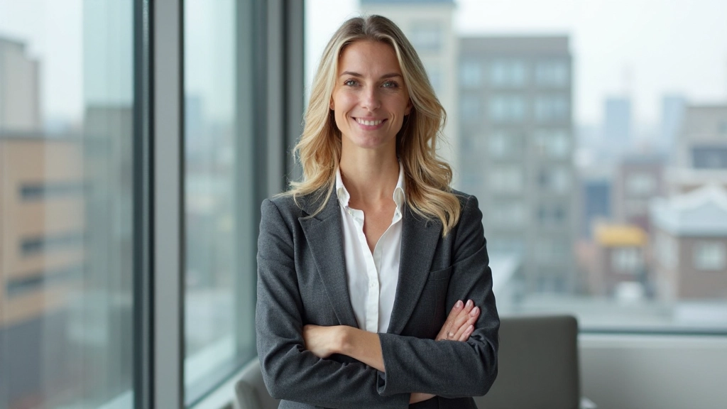 Professionell affärskvinna på modernt kontor som letar framåt med självförtroende