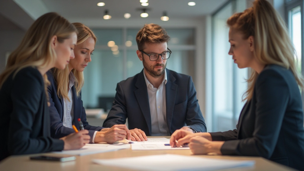 Diverse group of professionals collaborating in modern conference room setting