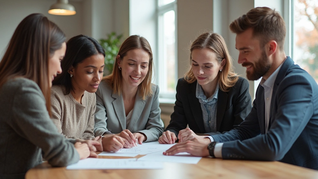 Diverse teammedlemmar samarbetar glatt runt ett mötesbord med anteckningar och kaffe