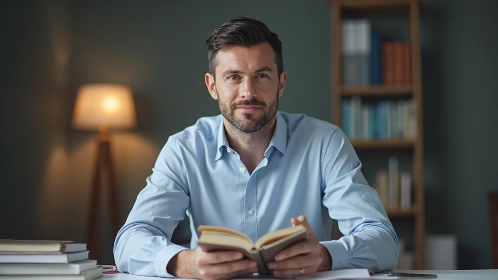 Fokuserad professionell man studerar material vid organiserat arbetsområde med böcker och bärbar dator