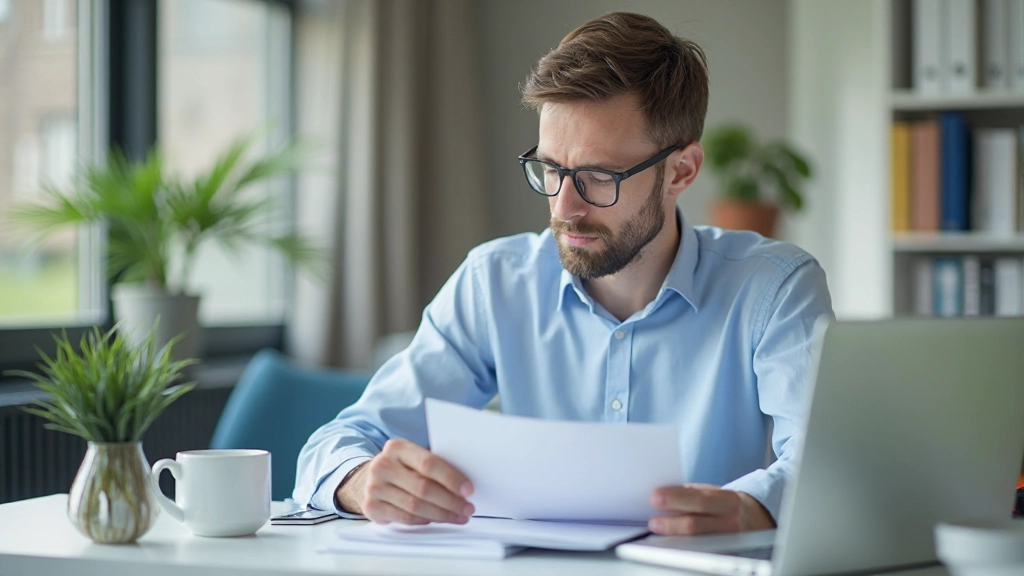 Focused professional man studying materials at organized workspace with books and laptop