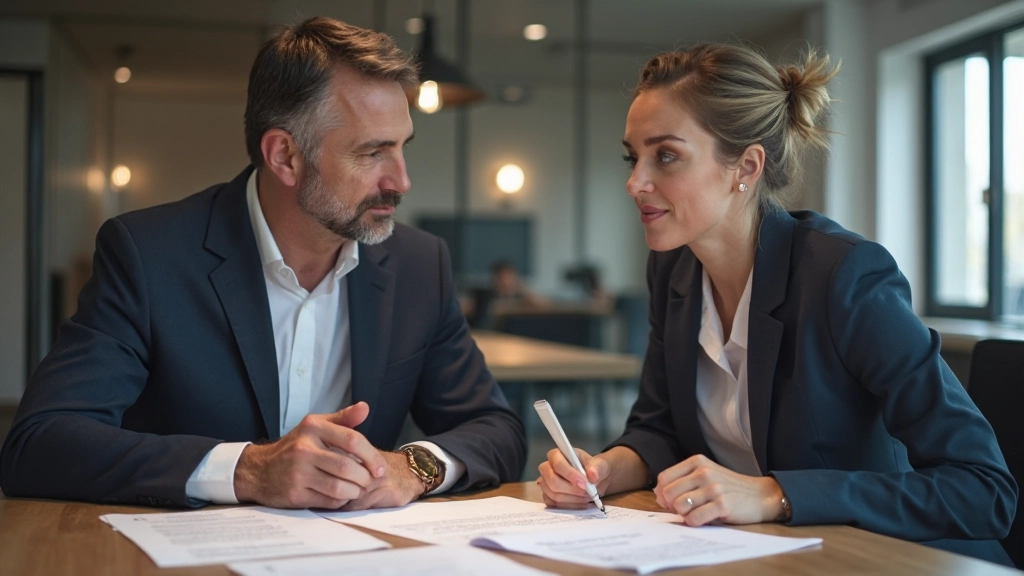 Två professionella personer som diskuterar utvecklingsplan vid ett möte med anteckningar och grafik på bordet