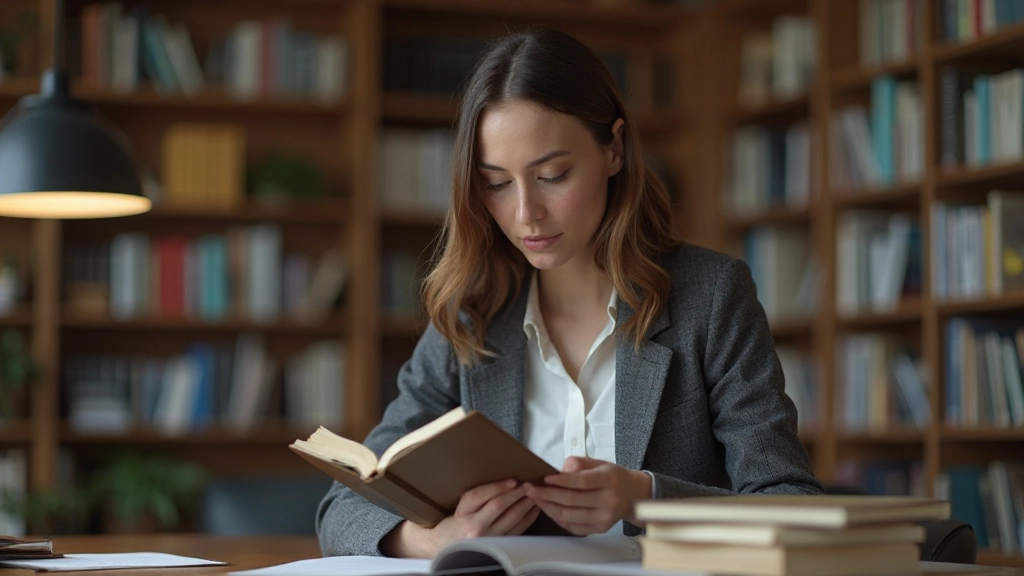 Professionell person läser en bok och studerar för att utveckla sina kunskaper