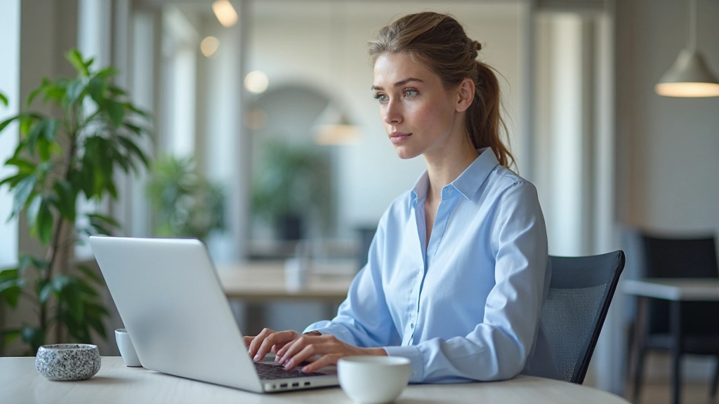 Professionell woman som studerar på laptop med anteckningsblock och kaffekopp vid sitt skrivbord